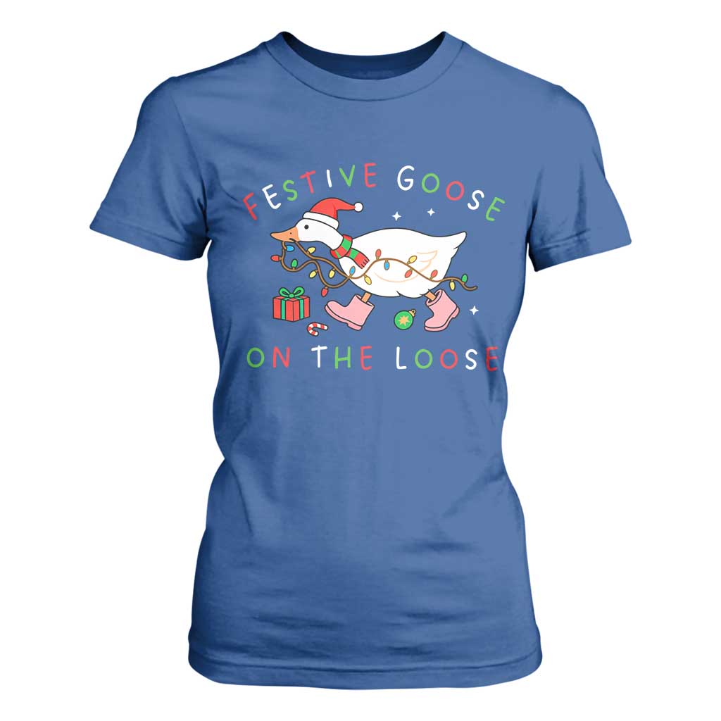 Funny Christmas Goose T Shirt For Women Festive Goose On The Loose Xmas Duck Meme TS10 Royal Blue Print Your Wear