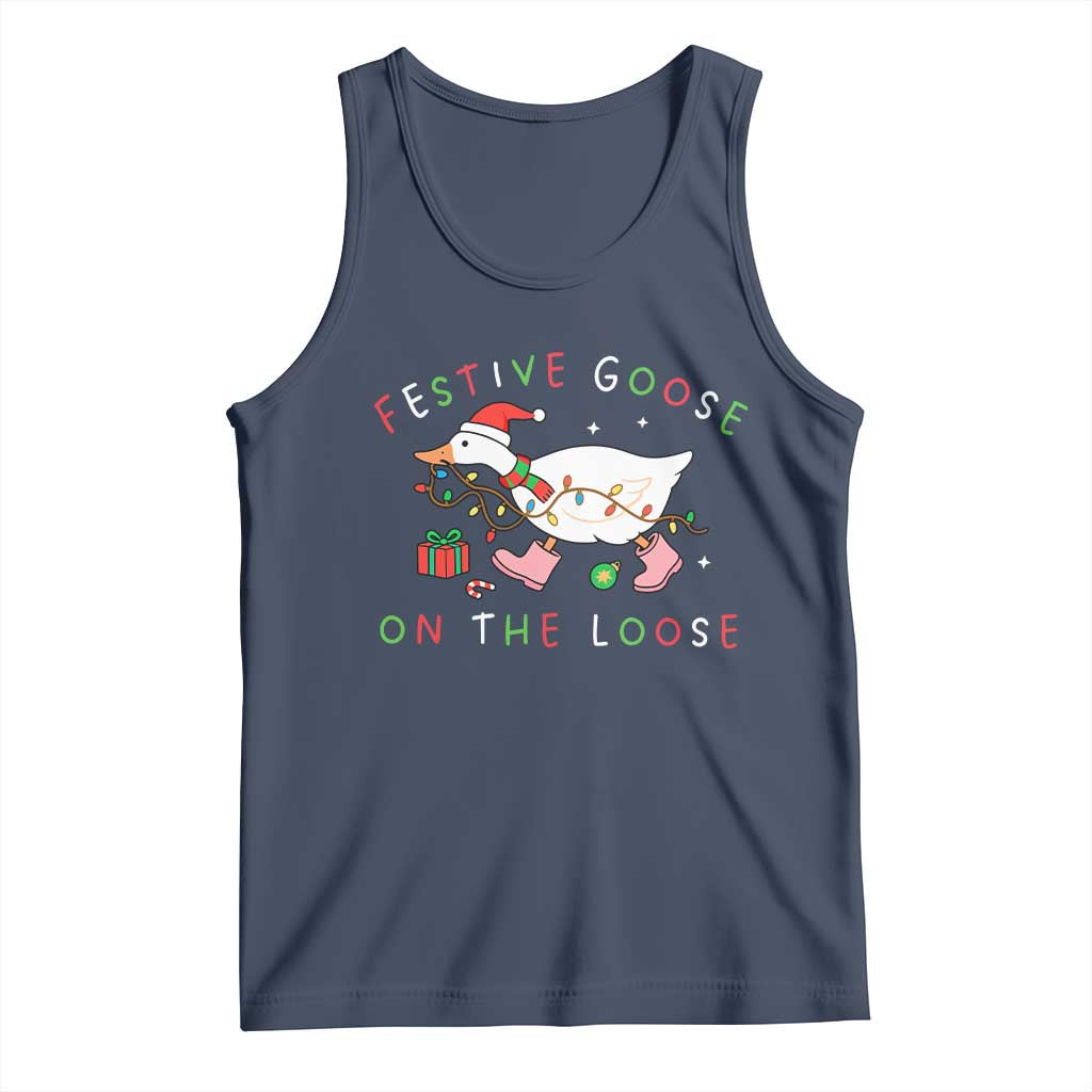 Funny Christmas Goose Tank Top Festive Goose On The Loose Xmas Duck Meme TS10 Navy Print Your Wear