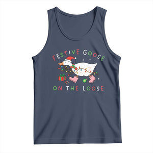 Funny Christmas Goose Tank Top Festive Goose On The Loose Xmas Duck Meme TS10 Navy Print Your Wear