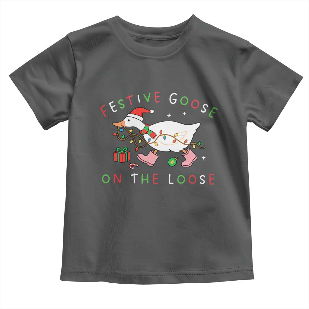 Funny Christmas Goose Toddler T Shirt Festive Goose On The Loose Xmas Duck Meme TS10 Dark Heather Print Your Wear