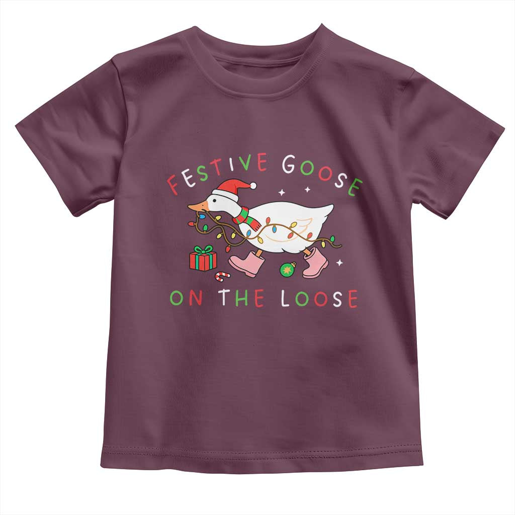 Funny Christmas Goose Toddler T Shirt Festive Goose On The Loose Xmas Duck Meme TS10 Maroon Print Your Wear