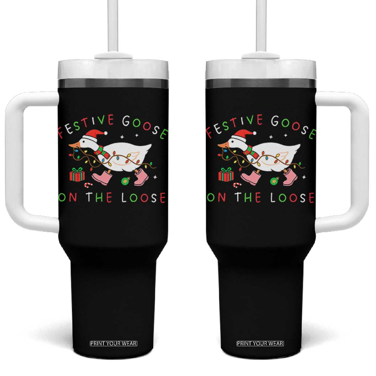 Funny Christmas Goose Tumbler With Handle Festive Goose On The Loose Xmas Duck Meme TS10 One Size: 40 oz Black Print Your Wear