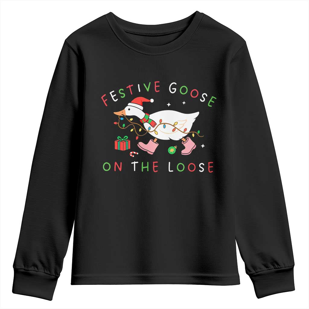 Funny Christmas Goose Youth Sweatshirt Festive Goose On The Loose Xmas Duck Meme TS10 Black Print Your Wear