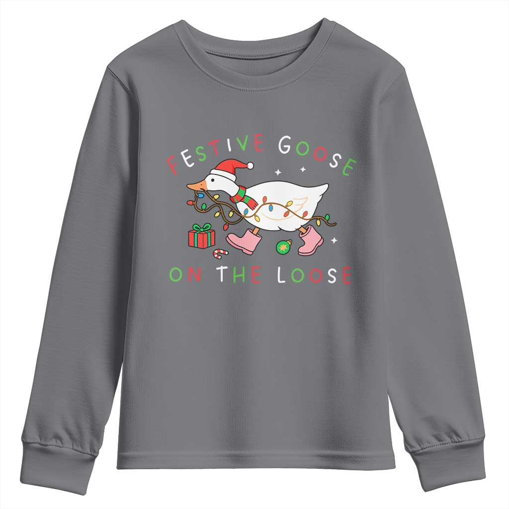 Funny Christmas Goose Youth Sweatshirt Festive Goose On The Loose Xmas Duck Meme TS10 Charcoal Print Your Wear