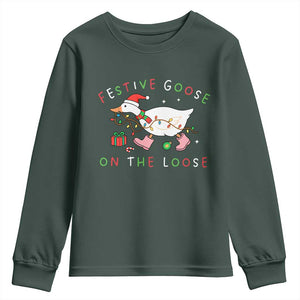 Funny Christmas Goose Youth Sweatshirt Festive Goose On The Loose Xmas Duck Meme TS10 Dark Forest Green Print Your Wear