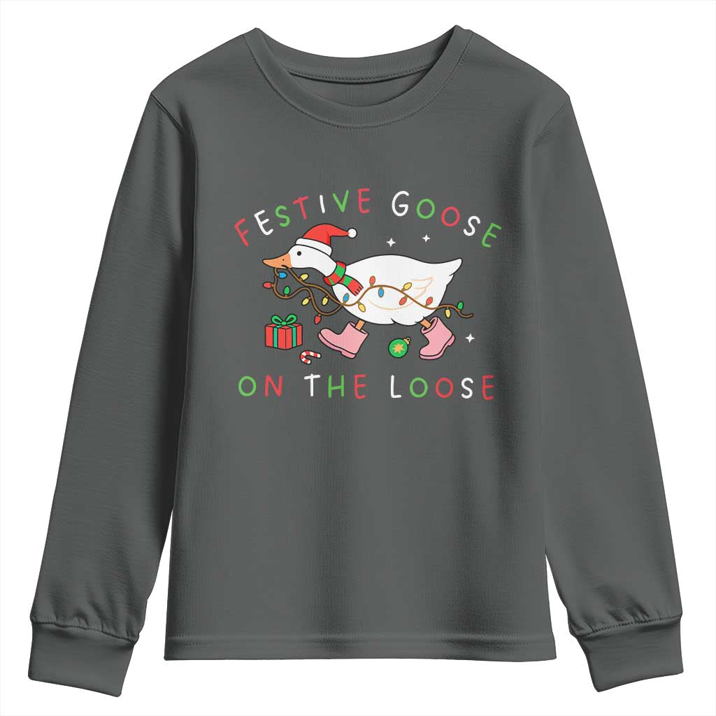 Funny Christmas Goose Youth Sweatshirt Festive Goose On The Loose Xmas Duck Meme TS10 Dark Heather Print Your Wear