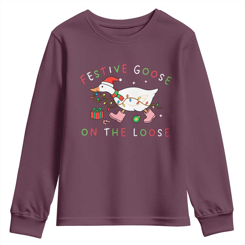 Funny Christmas Goose Youth Sweatshirt Festive Goose On The Loose Xmas Duck Meme TS10 Maroon Print Your Wear