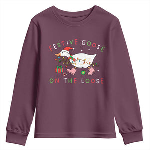 Funny Christmas Goose Youth Sweatshirt Festive Goose On The Loose Xmas Duck Meme TS10 Maroon Print Your Wear