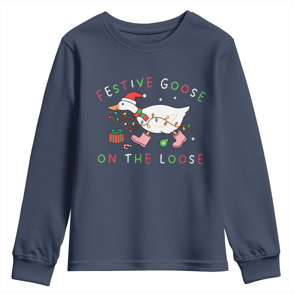 Funny Christmas Goose Youth Sweatshirt Festive Goose On The Loose Xmas Duck Meme TS10 Navy Print Your Wear