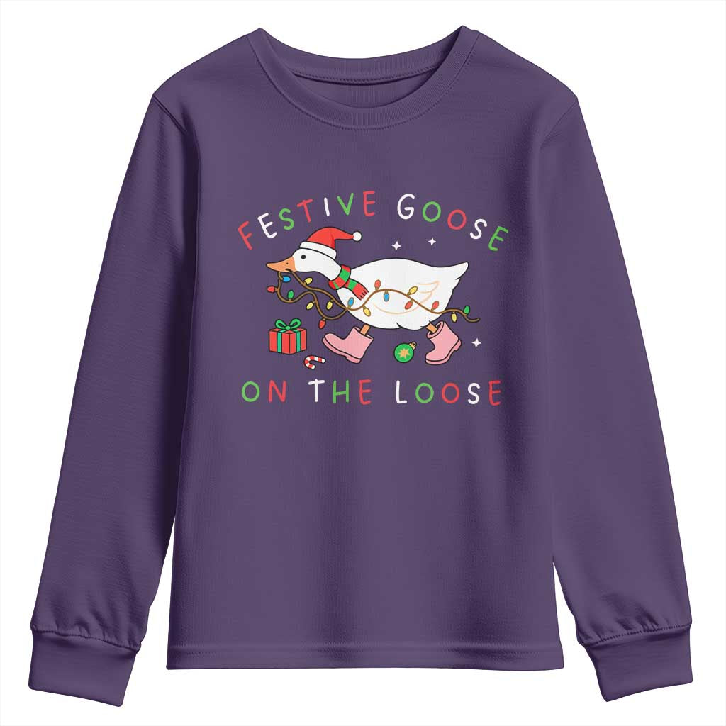 Funny Christmas Goose Youth Sweatshirt Festive Goose On The Loose Xmas Duck Meme TS10 Purple Print Your Wear