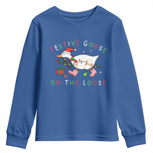 Funny Christmas Goose Youth Sweatshirt Festive Goose On The Loose Xmas Duck Meme TS10 Royal Blue Print Your Wear
