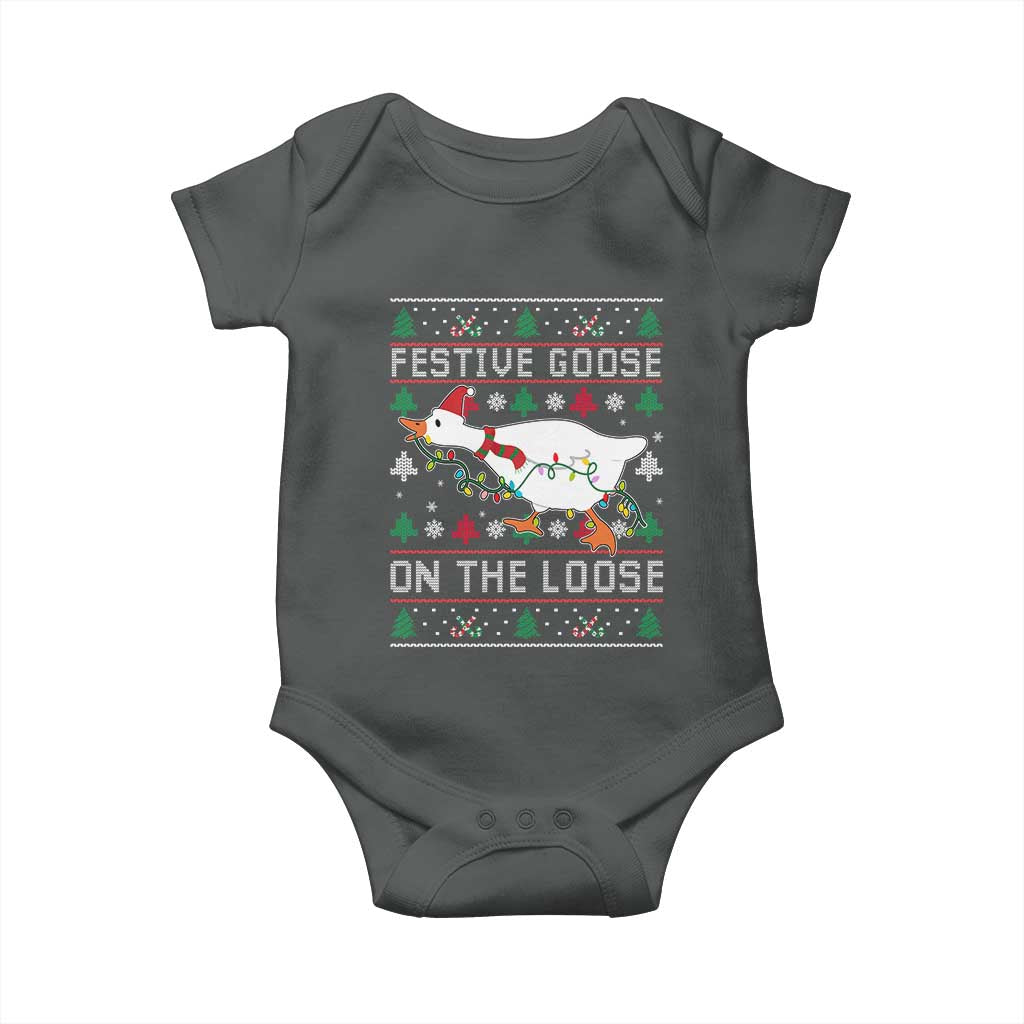 Funny Goose Ugly Christmas Baby Onesie Festive Goose On The Loose TS10 Dark Heather Print Your Wear