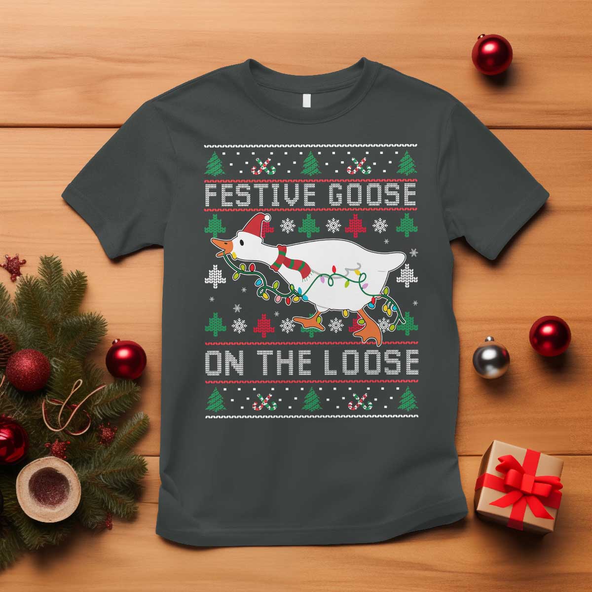 Funny Goose Ugly Christmas T Shirt Festive Goose On The Loose TS10 Dark Heather Print Your Wear