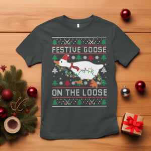 Funny Goose Ugly Christmas T Shirt Festive Goose On The Loose TS10 Dark Heather Print Your Wear