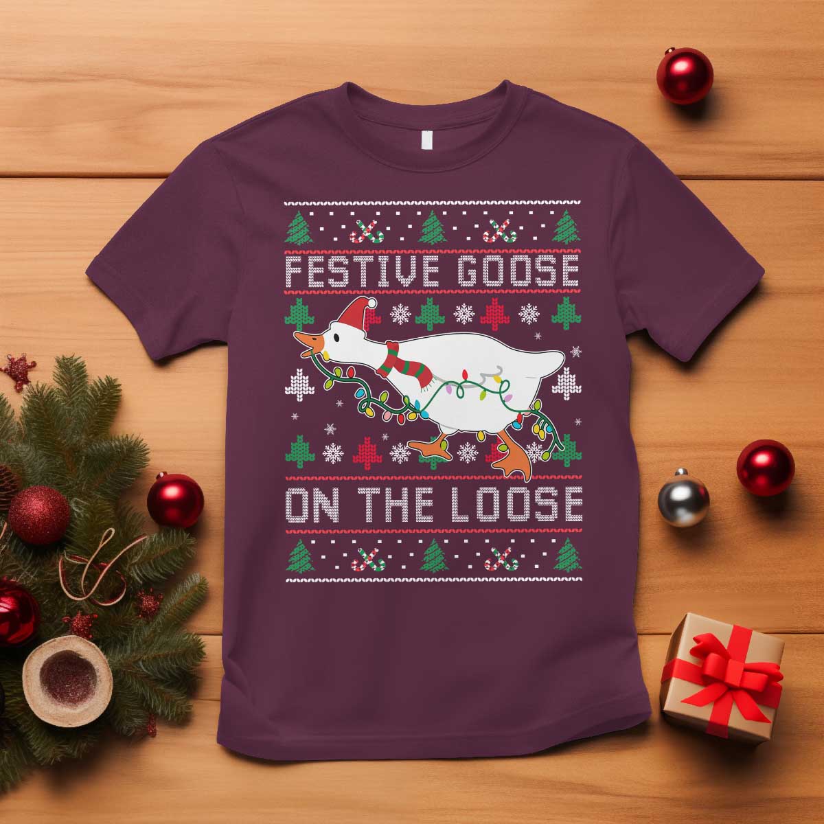 Funny Goose Ugly Christmas T Shirt Festive Goose On The Loose TS10 Maroon Print Your Wear