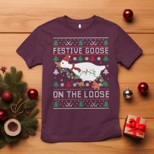 Funny Goose Ugly Christmas T Shirt Festive Goose On The Loose TS10 Maroon Print Your Wear