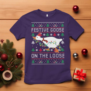 Funny Goose Ugly Christmas T Shirt Festive Goose On The Loose TS10 Purple Print Your Wear