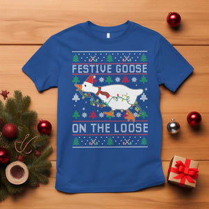 Funny Goose Ugly Christmas T Shirt Festive Goose On The Loose TS10 Royal Blue Print Your Wear