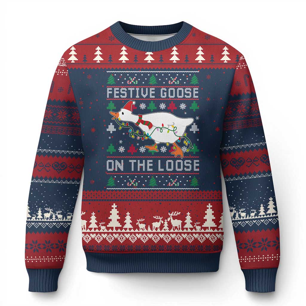 Funny Goose Ugly Xmas Ugly Christmas Sweater Festive Goose On The Loose TS10 Navy Red Print Your Wear