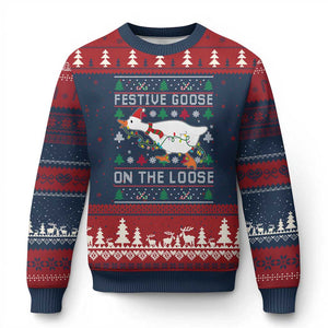 Funny Goose Ugly Xmas Ugly Christmas Sweater Festive Goose On The Loose TS10 Navy Red Print Your Wear
