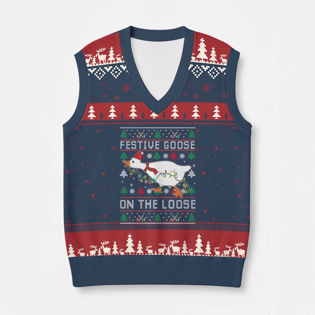 Funny Goose Ugly Xmas V-Neck Knit Sweater Vest Festive Goose On The Loose TS10 Navy Red Print Your Wear