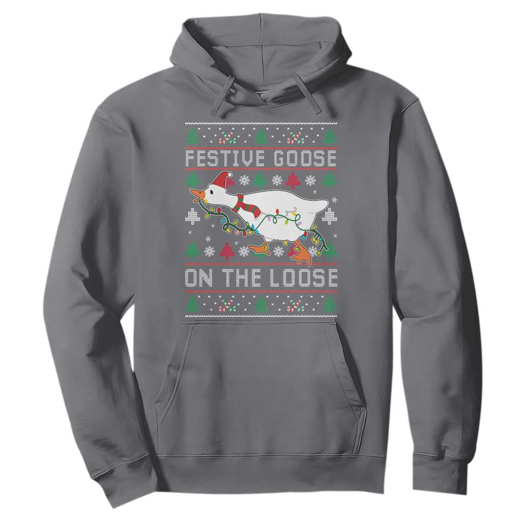 Funny Goose Ugly Christmas Hoodie Festive Goose On The Loose TS10 Charcoal Print Your Wear