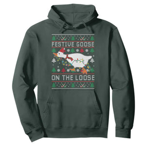 Funny Goose Ugly Christmas Hoodie Festive Goose On The Loose TS10 Dark Forest Green Print Your Wear