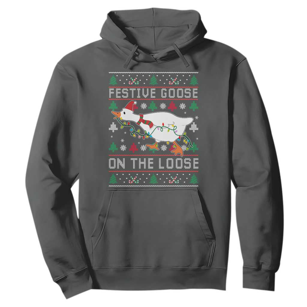 Funny Goose Ugly Christmas Hoodie Festive Goose On The Loose TS10 Dark Heather Print Your Wear