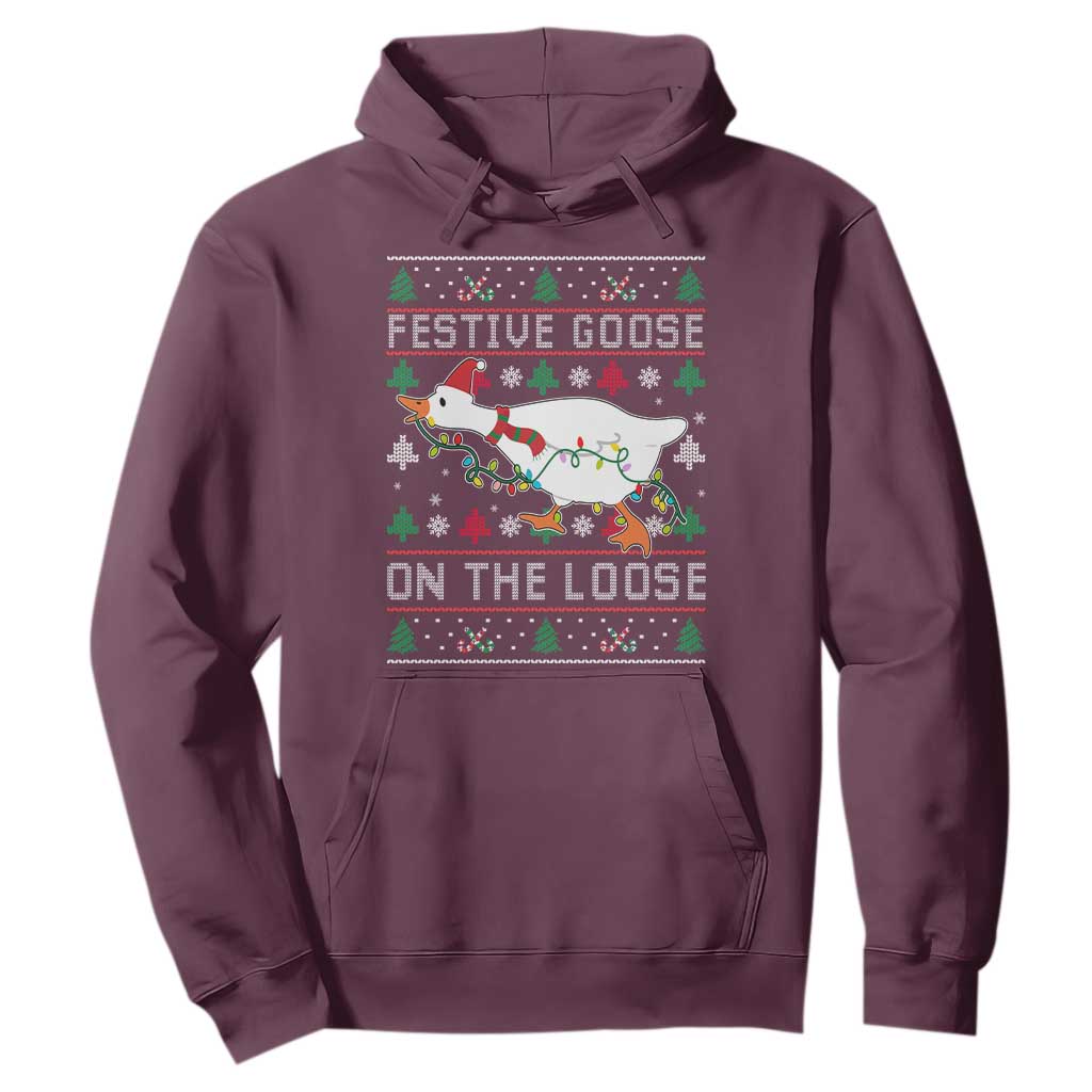 Funny Goose Ugly Christmas Hoodie Festive Goose On The Loose TS10 Maroon Print Your Wear