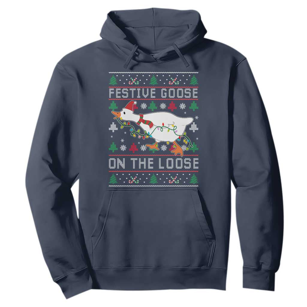 Funny Goose Ugly Christmas Hoodie Festive Goose On The Loose TS10 Navy Print Your Wear