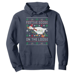 Funny Goose Ugly Christmas Hoodie Festive Goose On The Loose TS10 Navy Print Your Wear