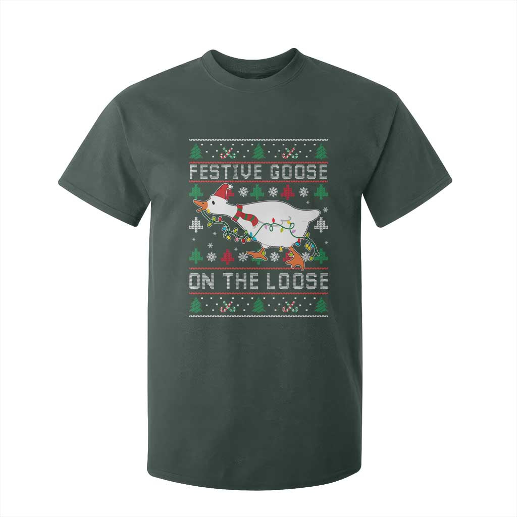 Funny Goose Ugly Christmas T Shirt For Kid Festive Goose On The Loose TS10 Dark Forest Green Print Your Wear