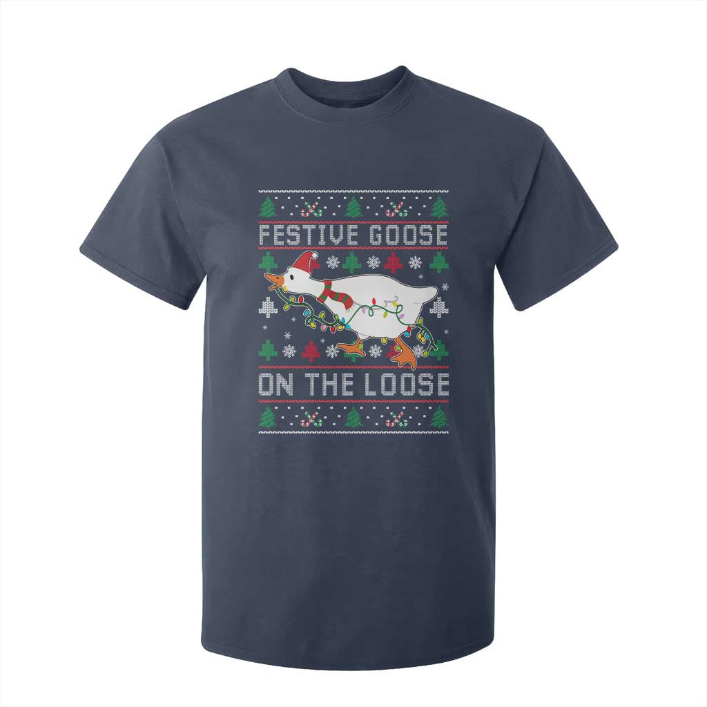 Funny Goose Ugly Christmas T Shirt For Kid Festive Goose On The Loose TS10 Navy Print Your Wear
