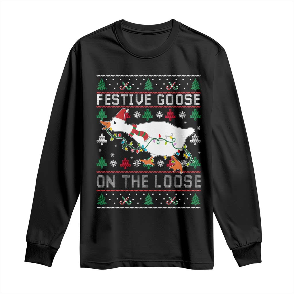 Funny Goose Ugly Christmas Long Sleeve Shirt Festive Goose On The Loose TS10 Black Print Your Wear