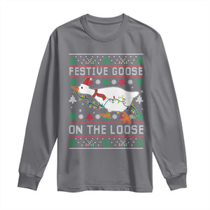 Funny Goose Ugly Christmas Long Sleeve Shirt Festive Goose On The Loose TS10 Charcoal Print Your Wear