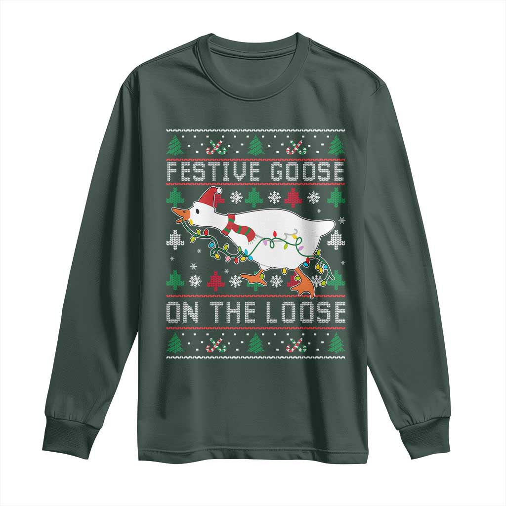 Funny Goose Ugly Christmas Long Sleeve Shirt Festive Goose On The Loose TS10 Dark Forest Green Print Your Wear
