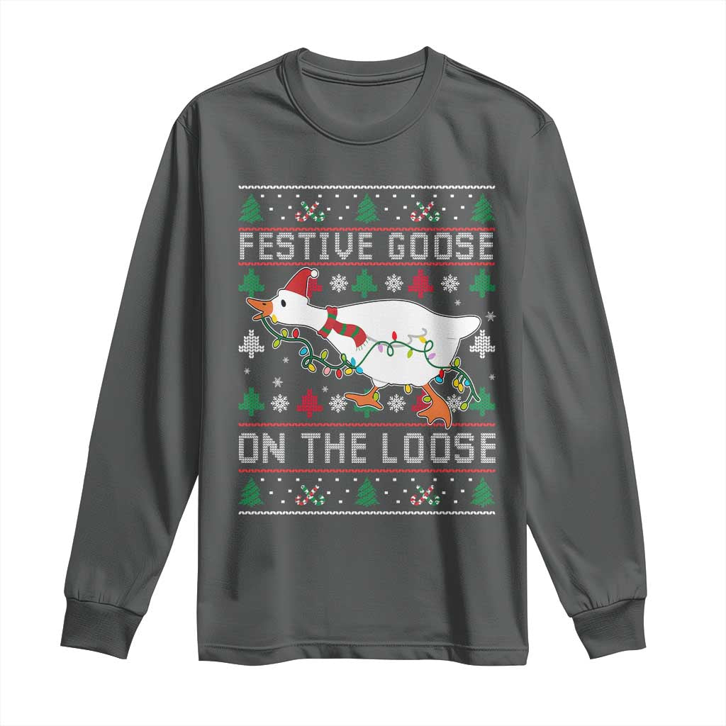 Funny Goose Ugly Christmas Long Sleeve Shirt Festive Goose On The Loose TS10 Dark Heather Print Your Wear