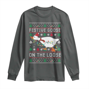 Funny Goose Ugly Christmas Long Sleeve Shirt Festive Goose On The Loose TS10 Dark Heather Print Your Wear