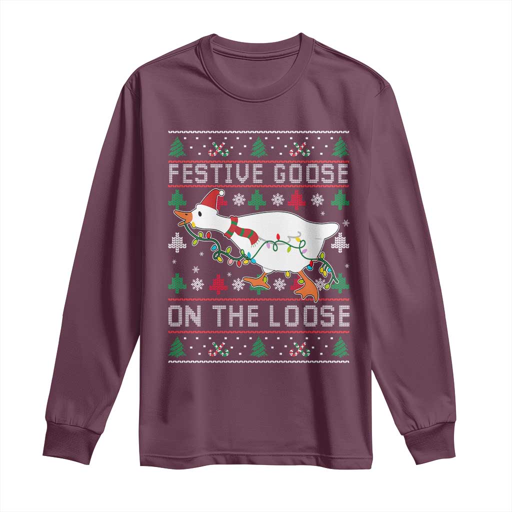 Funny Goose Ugly Christmas Long Sleeve Shirt Festive Goose On The Loose TS10 Maroon Print Your Wear