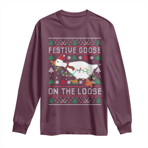 Funny Goose Ugly Christmas Long Sleeve Shirt Festive Goose On The Loose TS10 Maroon Print Your Wear