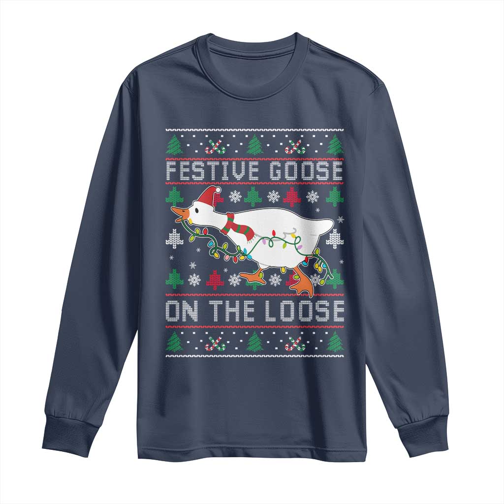 Funny Goose Ugly Christmas Long Sleeve Shirt Festive Goose On The Loose TS10 Navy Print Your Wear