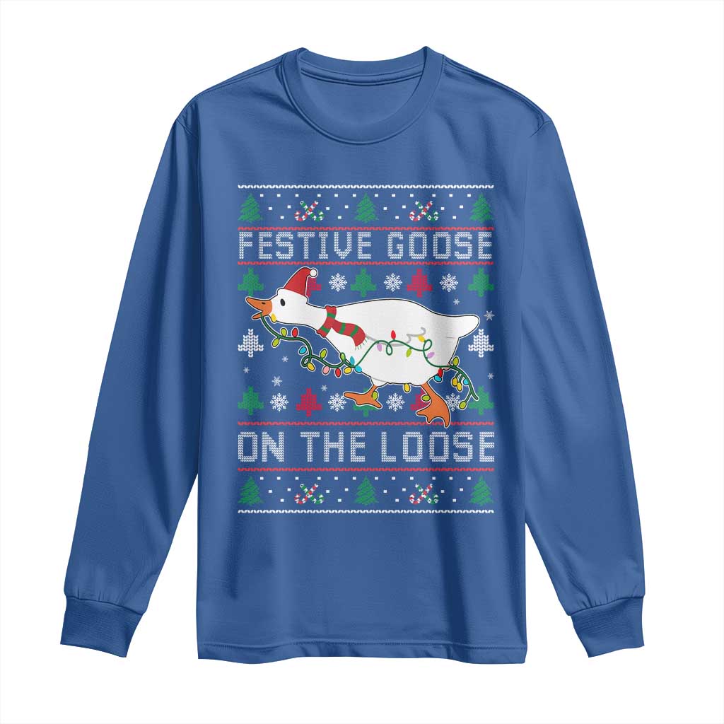 Funny Goose Ugly Christmas Long Sleeve Shirt Festive Goose On The Loose TS10 Royal Blue Print Your Wear