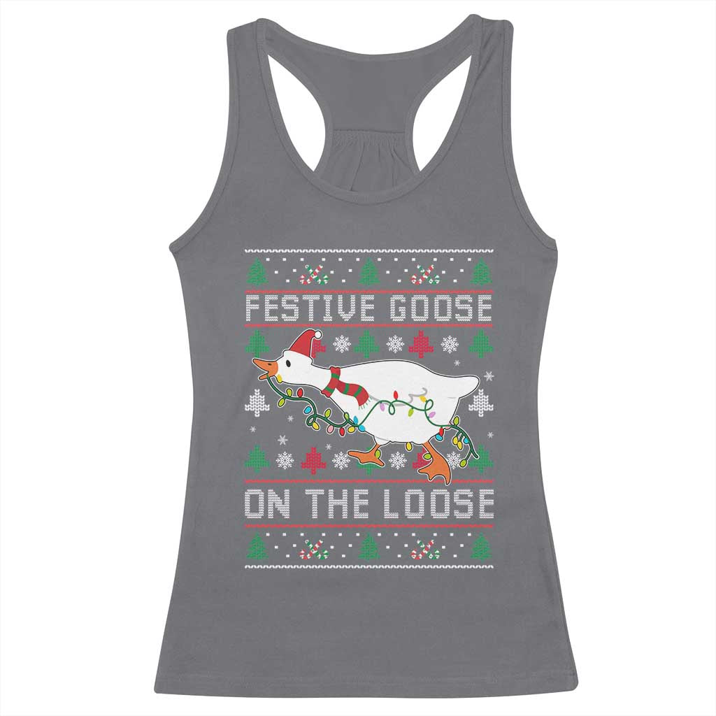 Funny Goose Ugly Christmas Racerback Tank Top Festive Goose On The Loose TS10 Charcoal Print Your Wear
