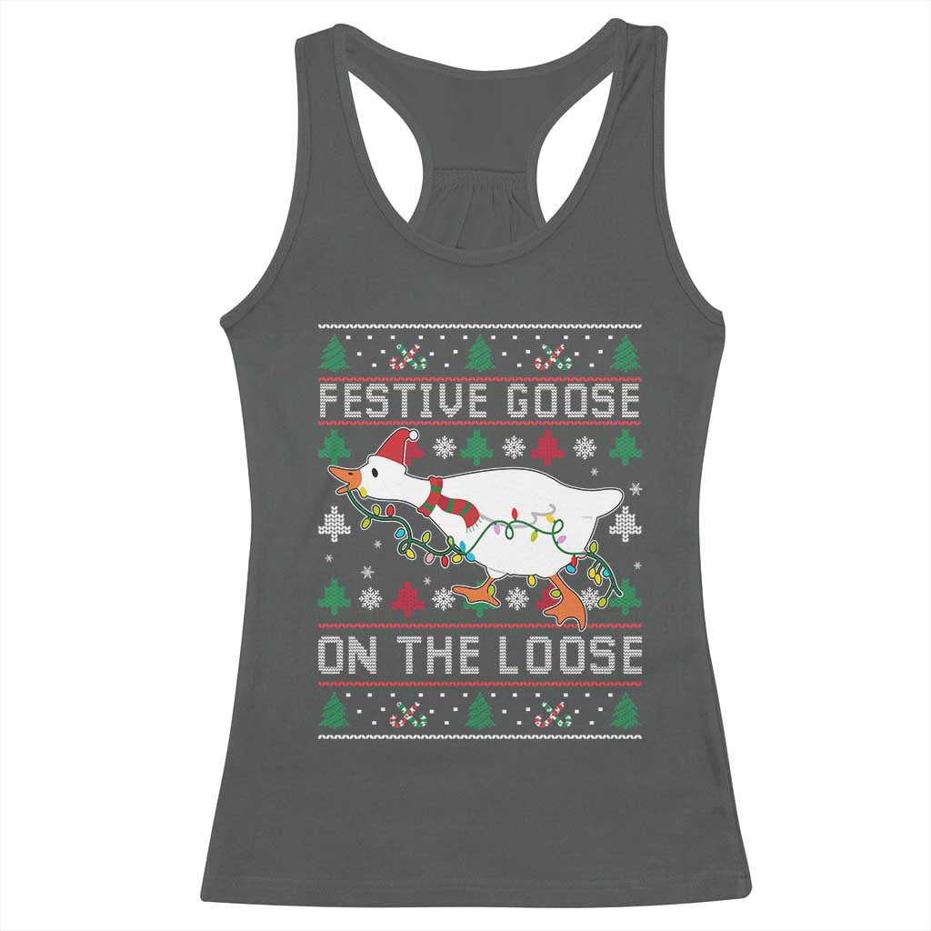 Funny Goose Ugly Christmas Racerback Tank Top Festive Goose On The Loose TS10 Dark Heather Print Your Wear