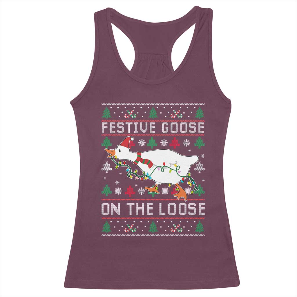 Funny Goose Ugly Christmas Racerback Tank Top Festive Goose On The Loose TS10 Maroon Print Your Wear