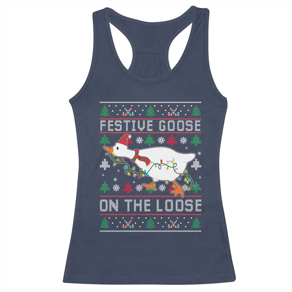 Funny Goose Ugly Christmas Racerback Tank Top Festive Goose On The Loose TS10 Navy Print Your Wear