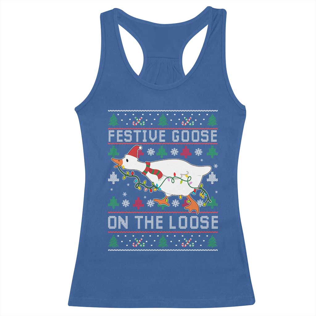 Funny Goose Ugly Christmas Racerback Tank Top Festive Goose On The Loose TS10 Royal Blue Print Your Wear