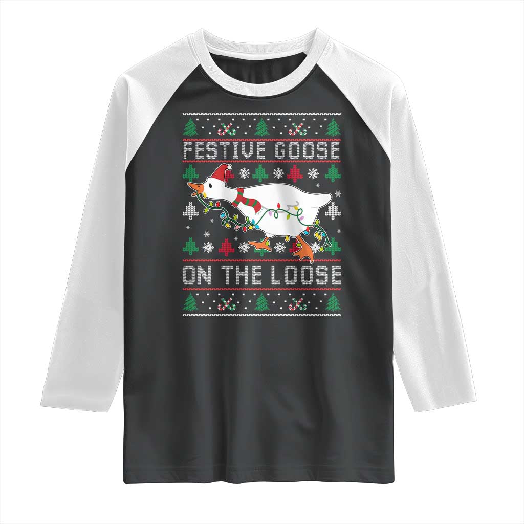 Funny Goose Ugly Christmas Raglan Shirt Festive Goose On The Loose TS10 Black White Print Your Wear