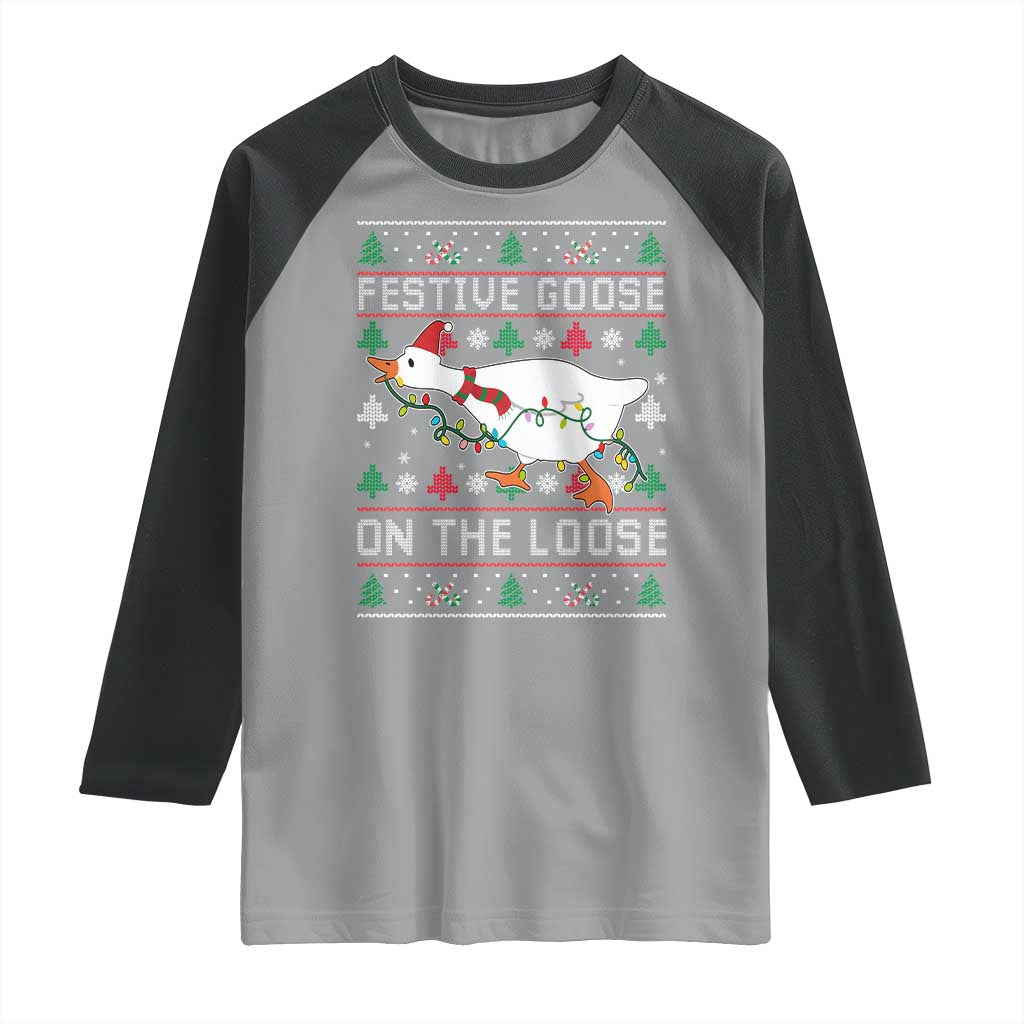 Funny Goose Ugly Christmas Raglan Shirt Festive Goose On The Loose TS10 Sport Gray Black Print Your Wear