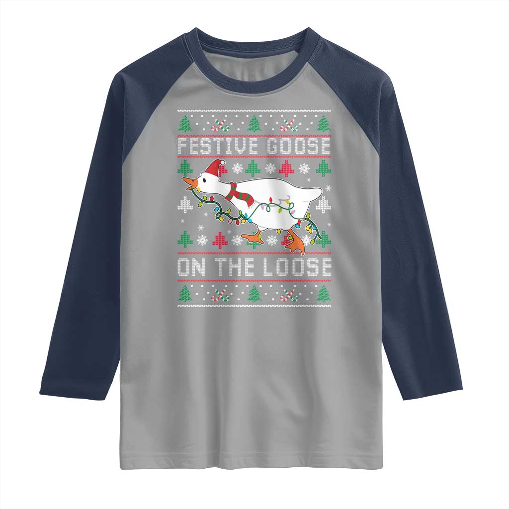 Funny Goose Ugly Christmas Raglan Shirt Festive Goose On The Loose TS10 Sport Gray Navy Print Your Wear